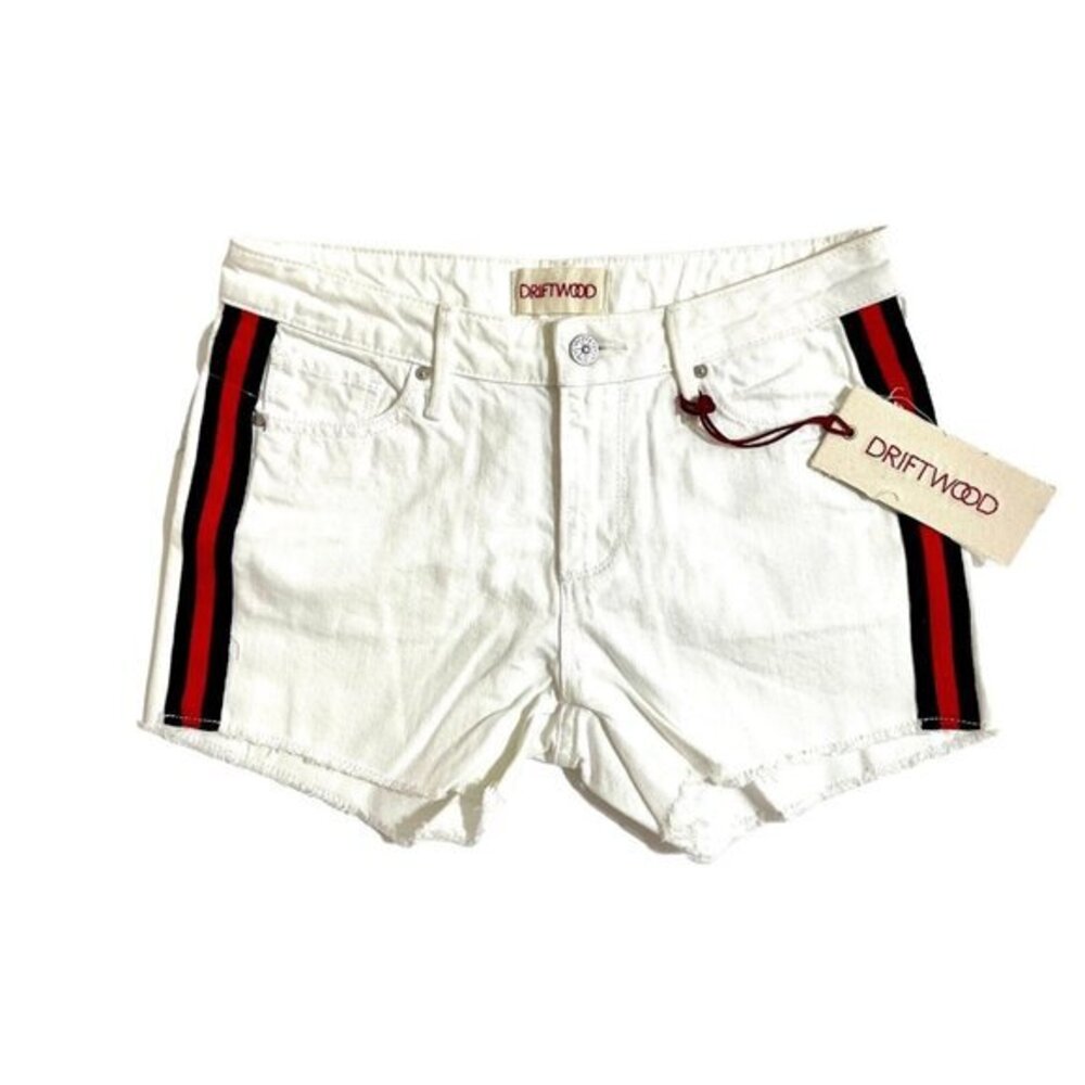 Driftwood Anthropologie White Denim Raw Hem Shorts Side Stripe SZ 24 NWT